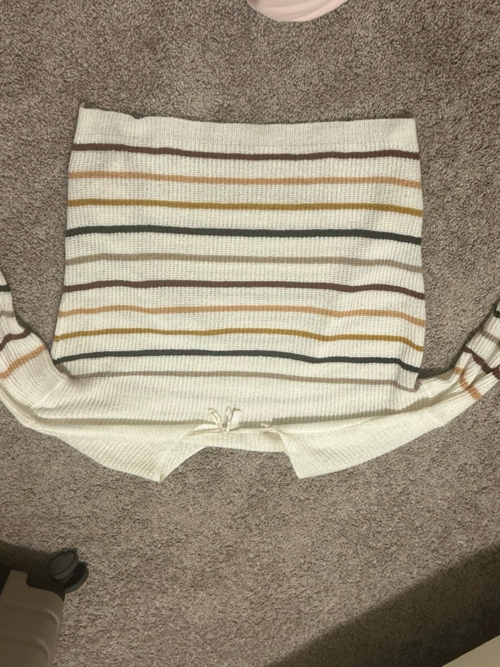 Wishlist Cream Off-the-Shoulder Sweater with Brown, Mustard & Olive Stripes
